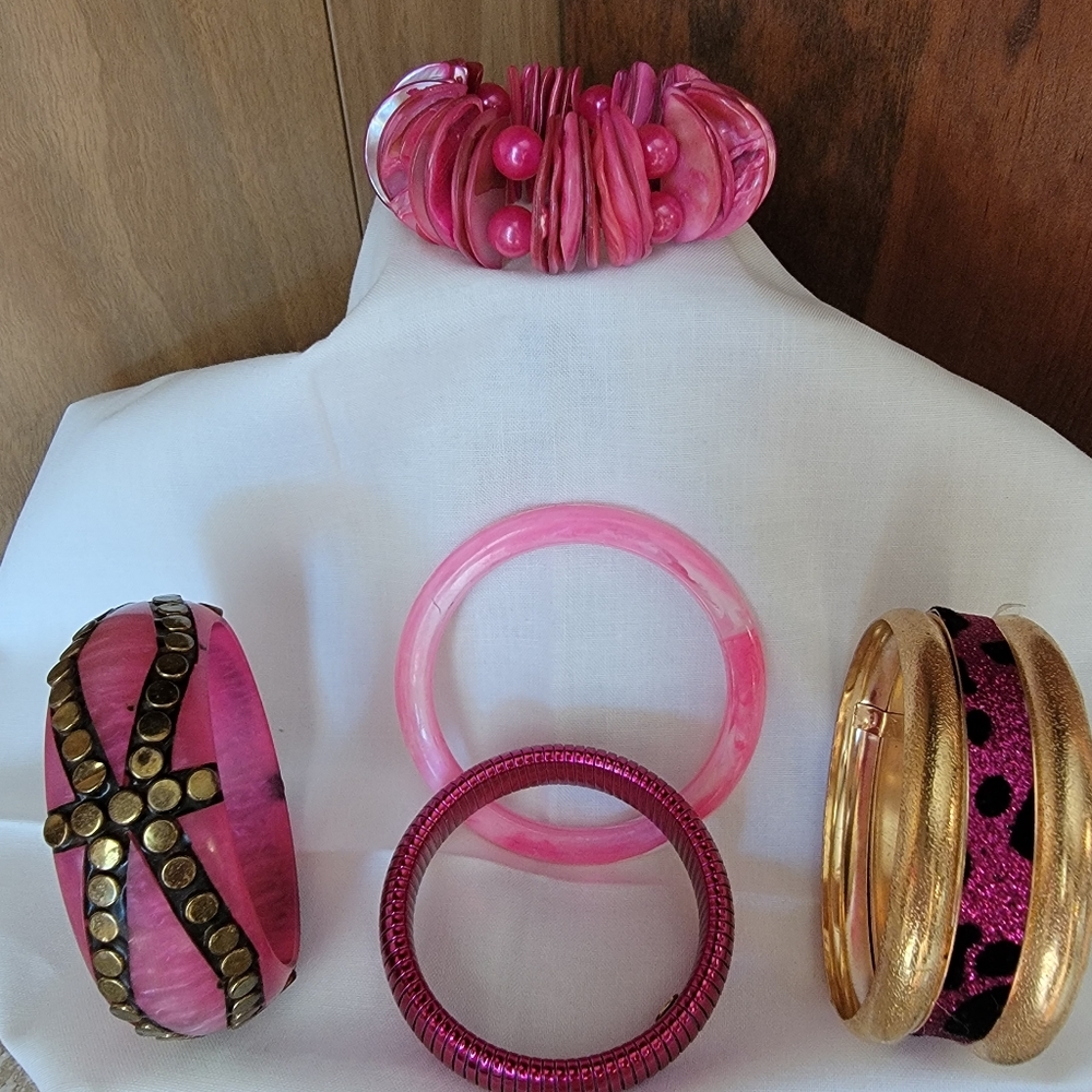 Assortment of Pink Acrylic & Seashell Costume Jewelry Bracelets
